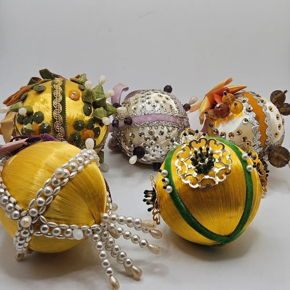 Vintage Handmade Satin Beaded Christmas Ornaments Lot of 5 Sequin Pearl Bead
